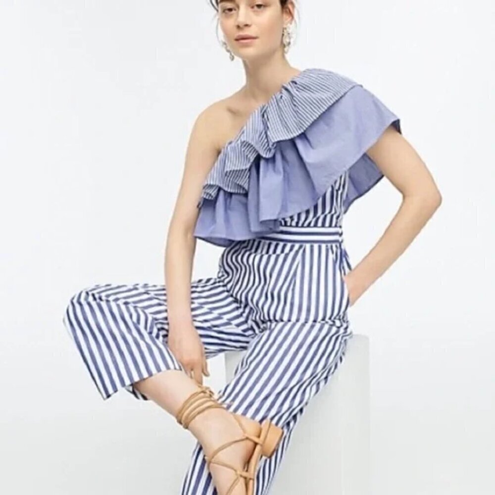 J. Crew One-shoulder Ruffle Jumpsuit in Blue & White Mixed Stripe 0